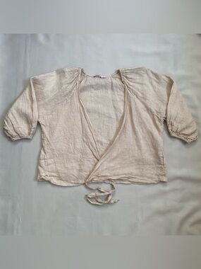 Tempo Paris Womens Linen Half Sleeve Tie Front Bolero Beige Medium Large Italy